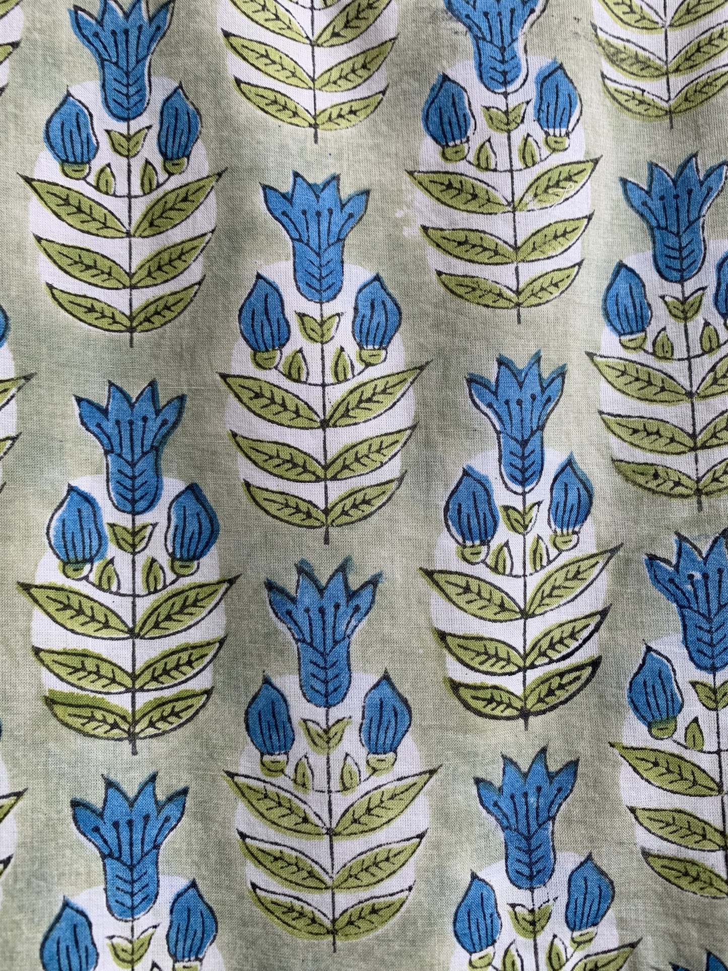 Sage Green Blue Floral Hand Block Printed Cotton Maxi Dress – Boho Tiered Indian Long Dress