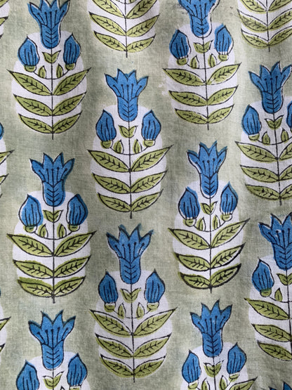 Sage Green Blue Floral Hand Block Printed Cotton Maxi Dress – Boho Tiered Indian Long Dress