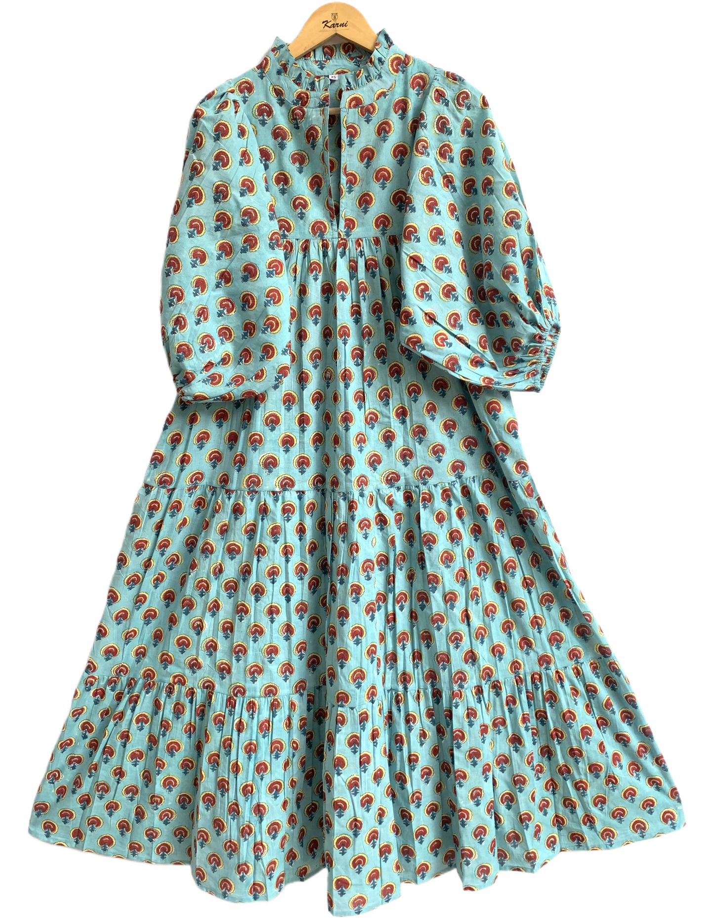Aqua Rust Motif Hand Block Printed Cotton Maxi Dress – Boho Tiered Indian Long Dress