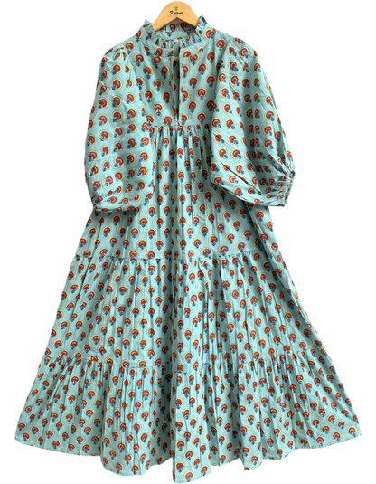 Aqua Rust Motif Hand Block Printed Cotton Maxi Dress – Boho Tiered Indian Long Dress