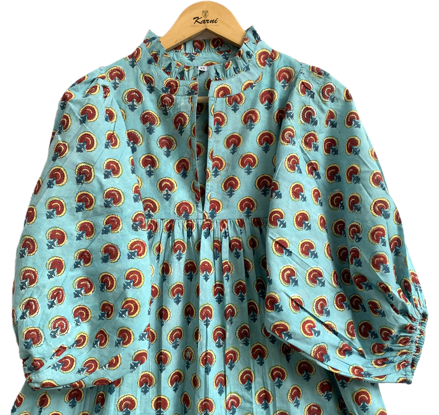 Aqua Rust Motif Hand Block Printed Cotton Maxi Dress – Boho Tiered Indian Long Dress