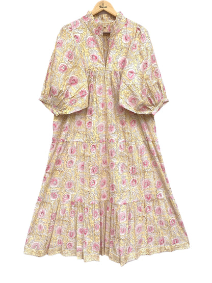 summer yellow pink floral hand block printed women's maxi dress