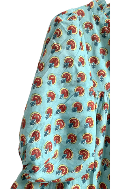 Aqua Rust Motif Hand Block Printed Cotton Maxi Dress – Boho Tiered Indian Long Dress