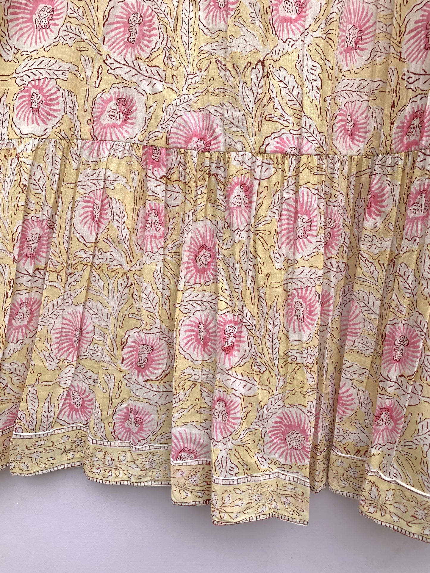 summer yellow pink floral hand block printed women's maxi dress