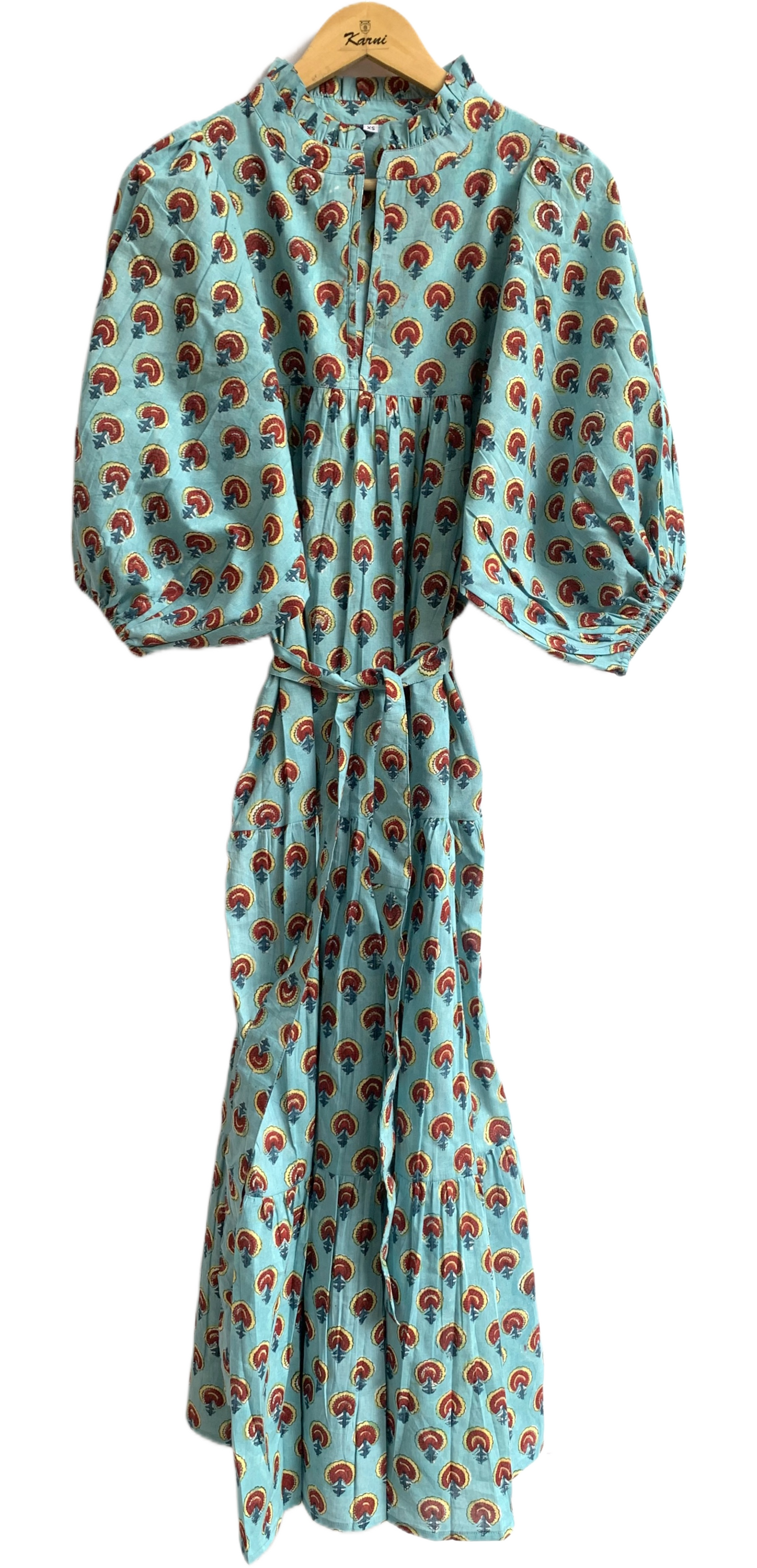 Aqua Rust Motif Hand Block Printed Cotton Maxi Dress – Boho Tiered Indian Long Dress