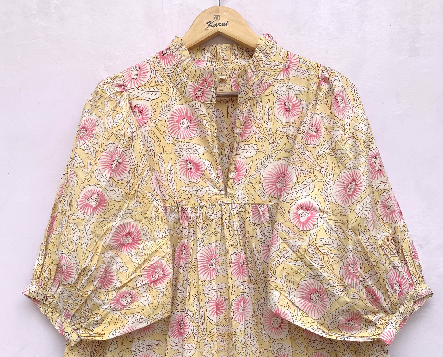 summer yellow pink floral hand block printed women's maxi dress