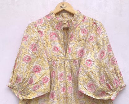 summer yellow pink floral hand block printed women's maxi dress