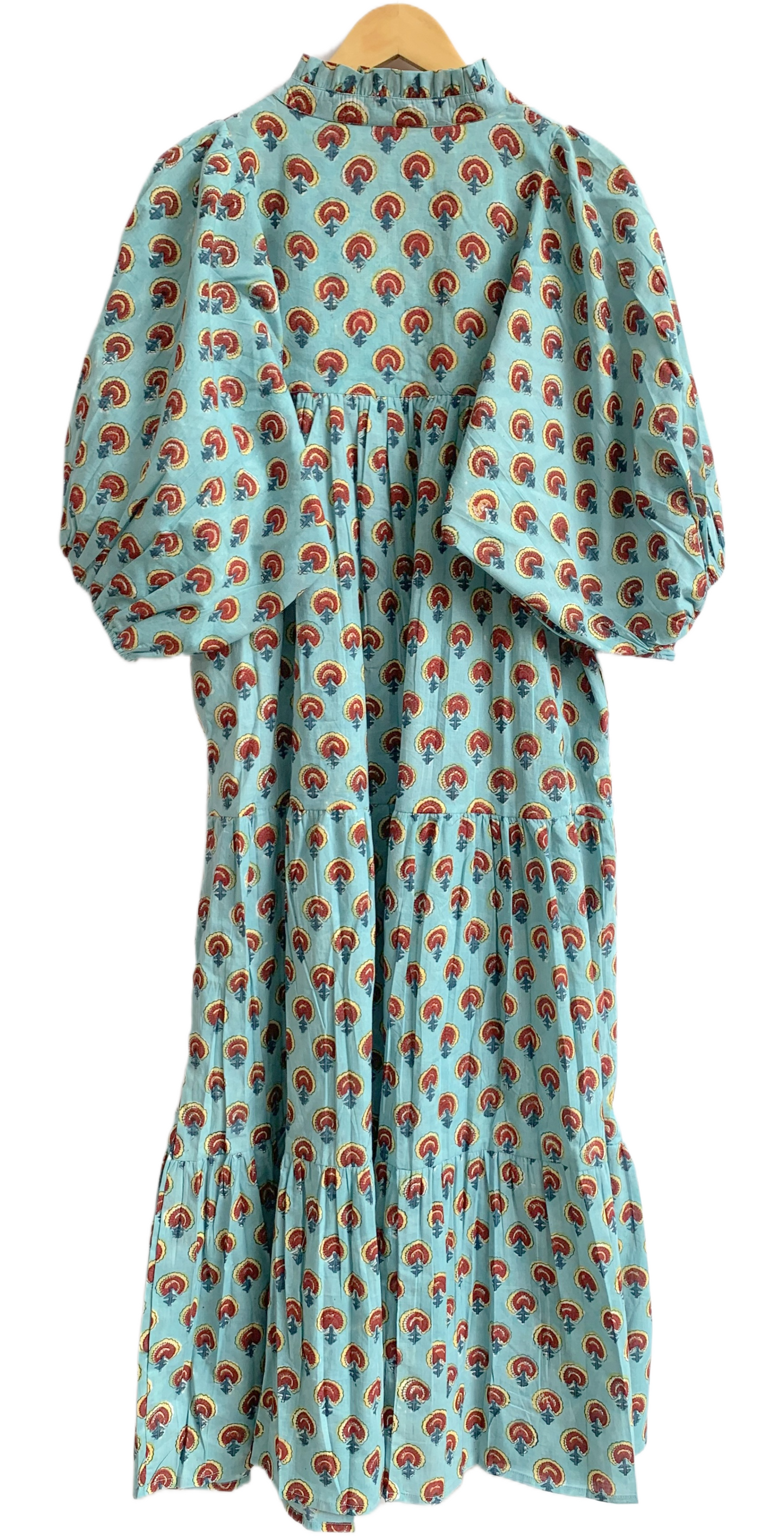 Aqua Rust Motif Hand Block Printed Cotton Maxi Dress – Boho Tiered Indian Long Dress