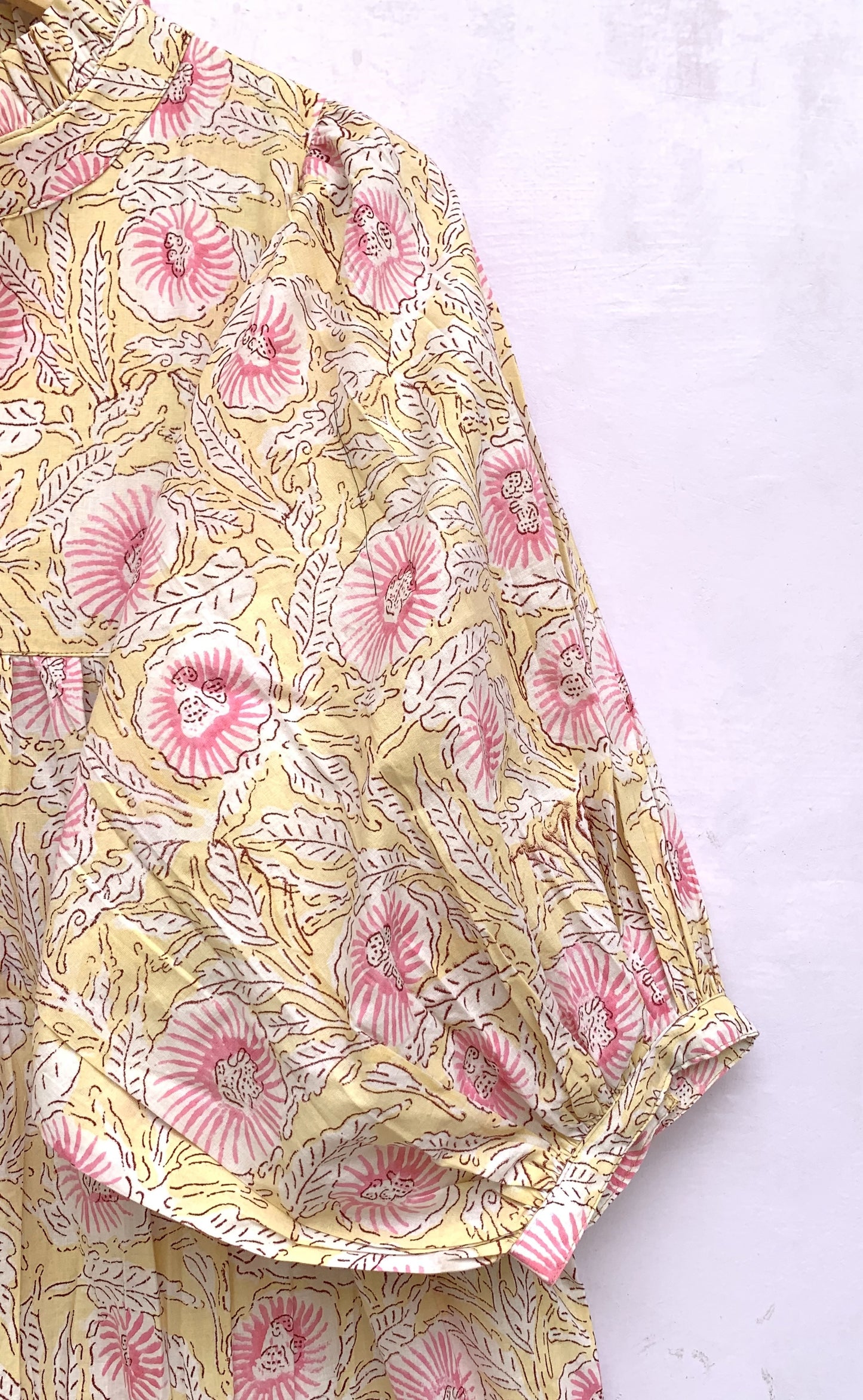 summer yellow pink floral hand block printed women's maxi dress