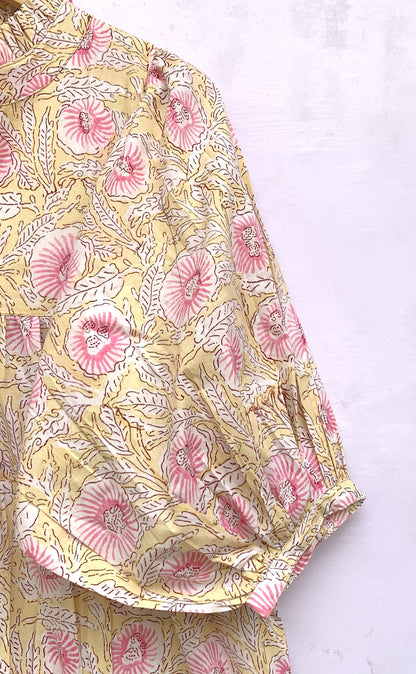 summer yellow pink floral hand block printed women's maxi dress