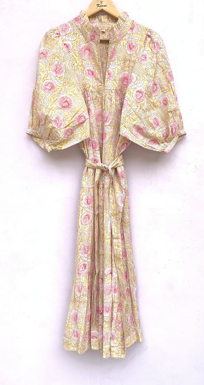 summer yellow pink floral hand block printed women's maxi dress