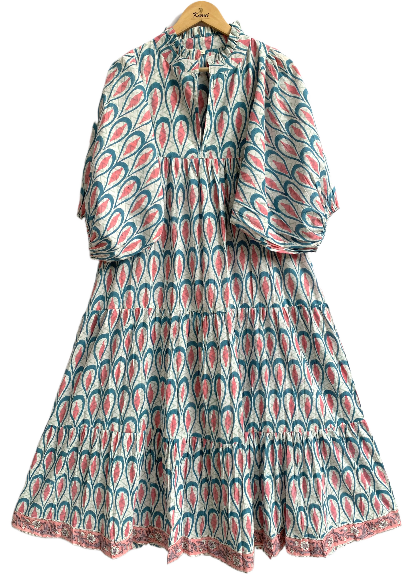 Teal Coral Leaf Hand Block Printed Cotton Maxi Dress – Indian Boho Tiered Long Dress