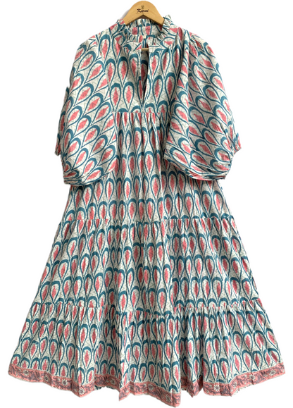 Teal Coral Leaf Hand Block Printed Cotton Maxi Dress – Indian Boho Tiered Long Dress