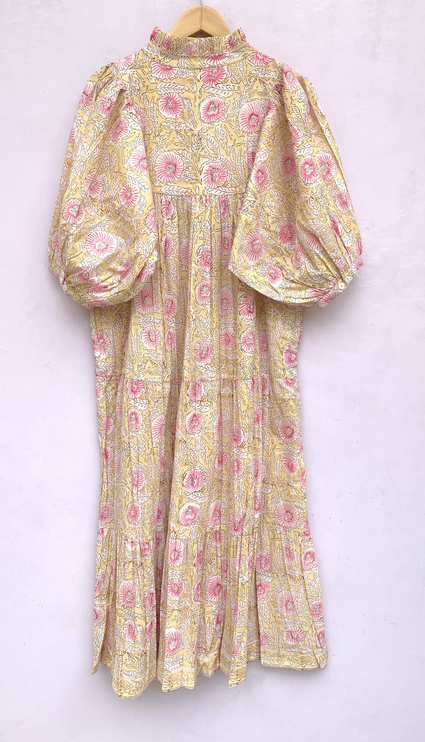 summer yellow pink floral hand block printed women's maxi dress
