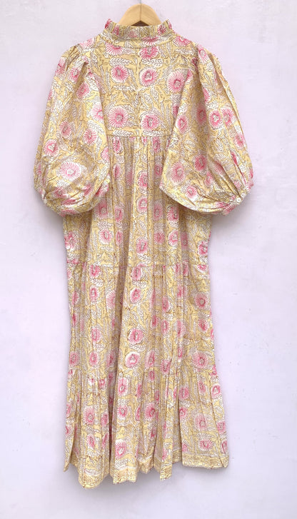 summer yellow pink floral hand block printed women's maxi dress