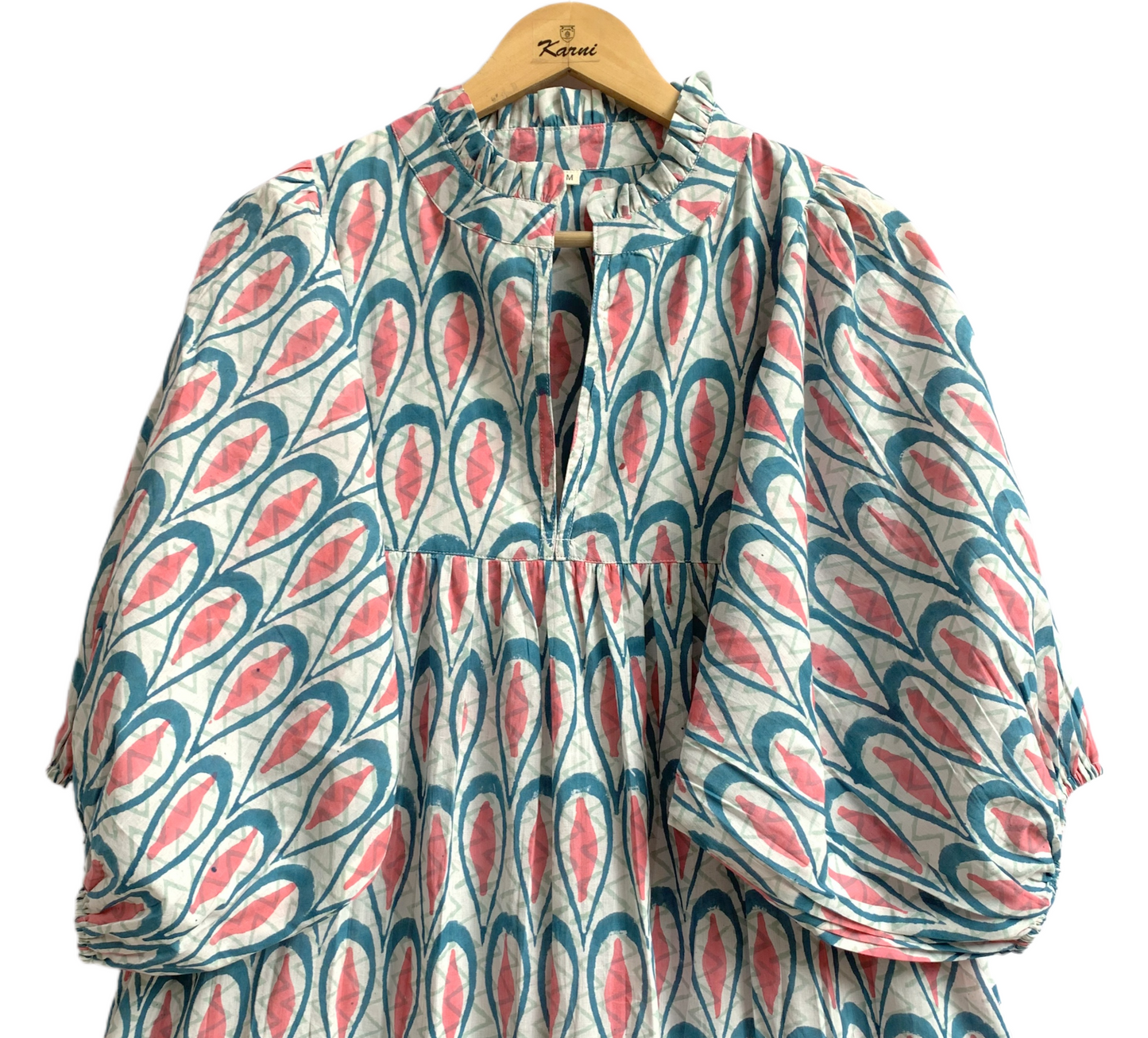 Teal Coral Leaf Hand Block Printed Cotton Maxi Dress – Indian Boho Tiered Long Dress