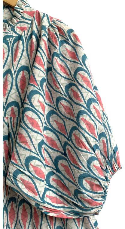 Teal Coral Leaf Hand Block Printed Cotton Maxi Dress – Indian Boho Tiered Long Dress