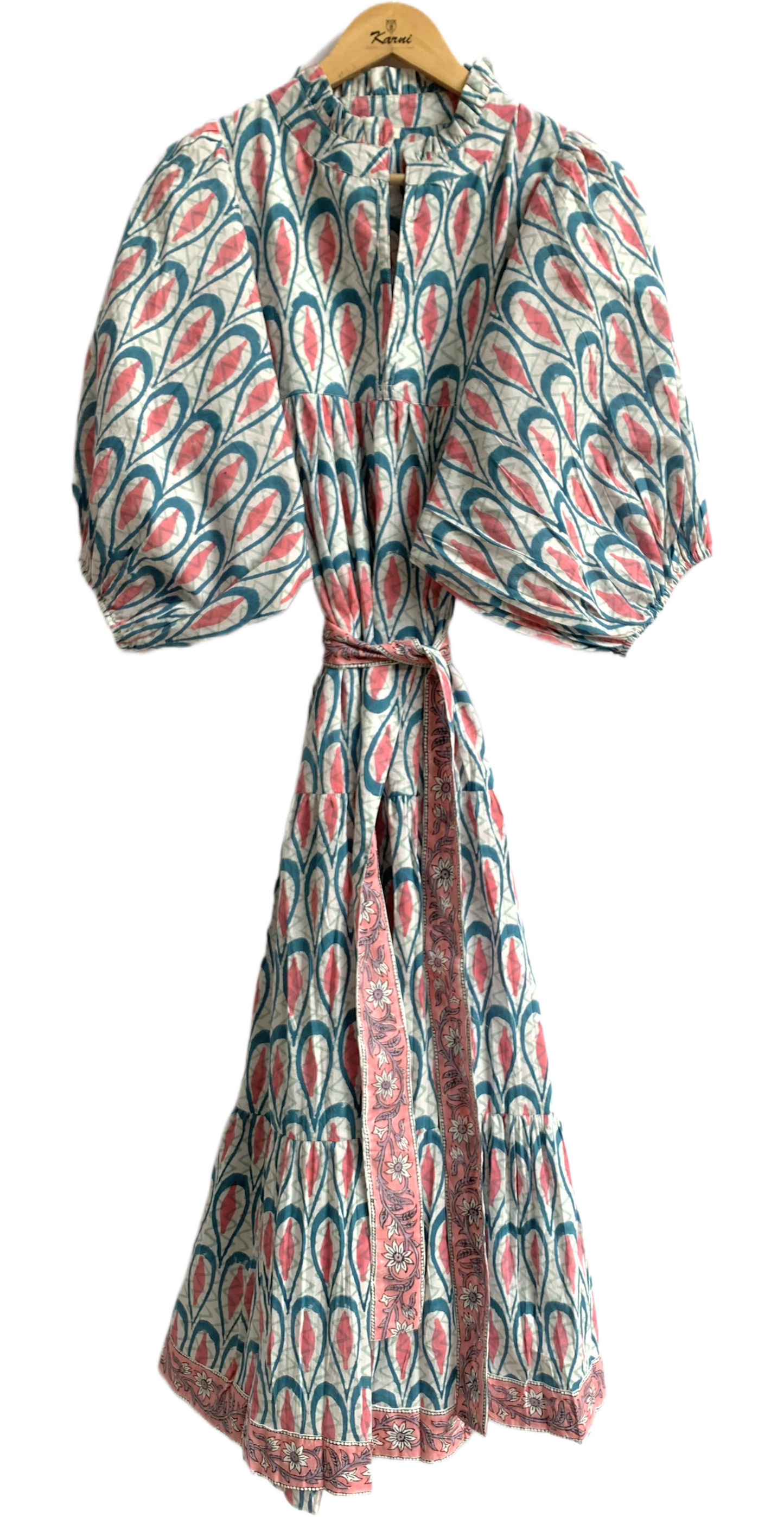 Teal Coral Leaf Hand Block Printed Cotton Maxi Dress – Indian Boho Tiered Long Dress