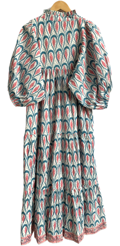 Teal Coral Leaf Hand Block Printed Cotton Maxi Dress – Indian Boho Tiered Long Dress