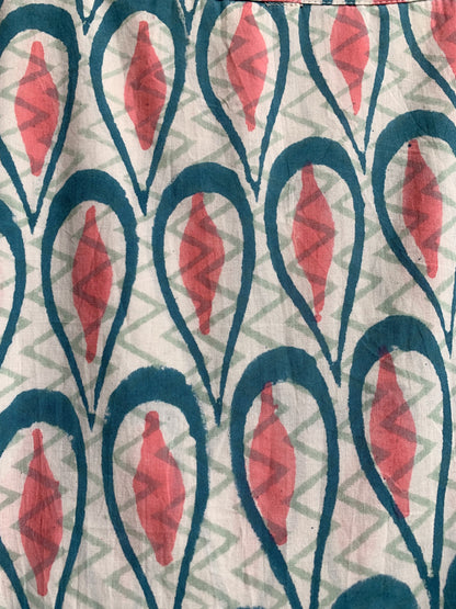 Teal Coral Leaf Hand Block Printed Cotton Maxi Dress – Indian Boho Tiered Long Dress