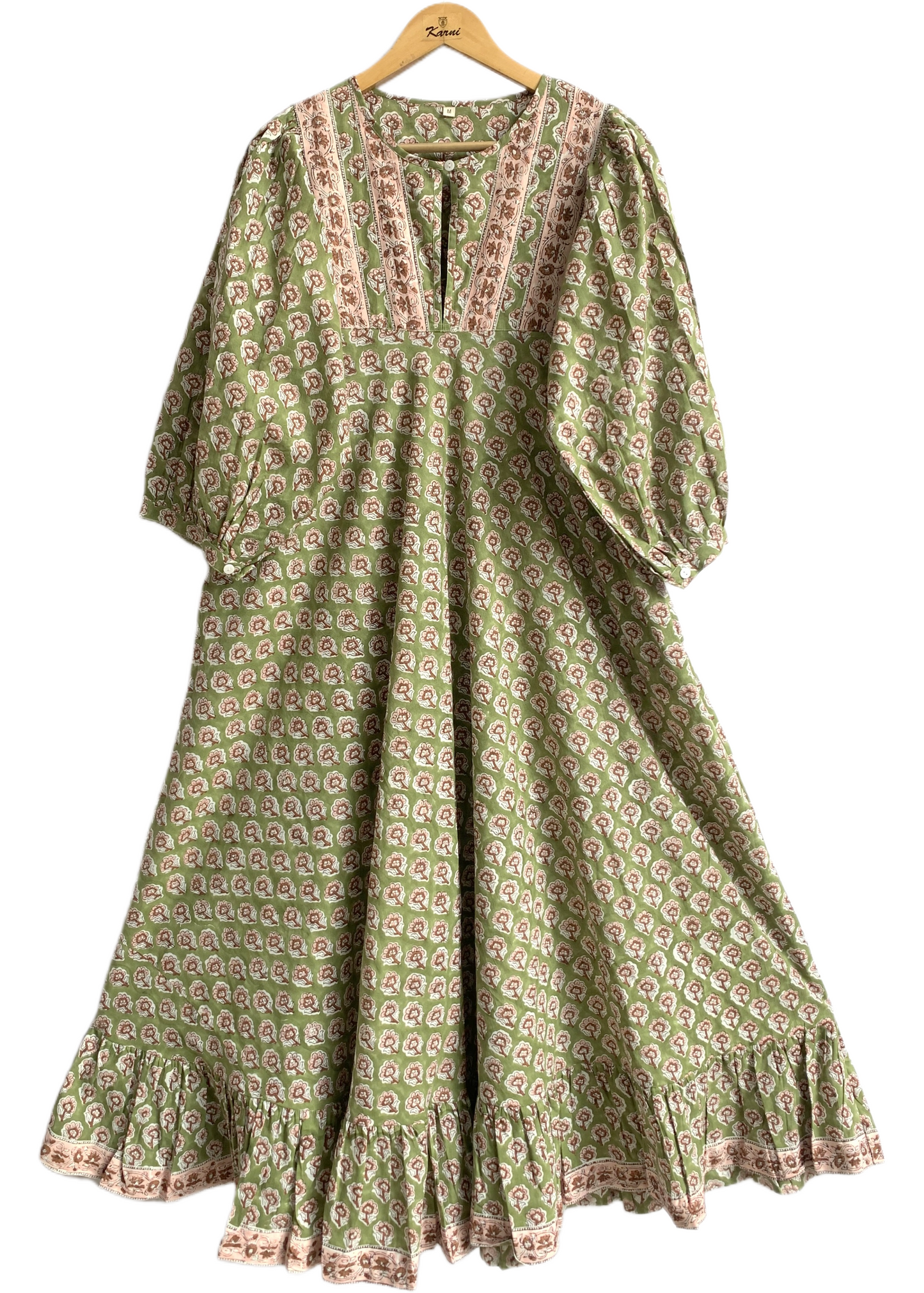 Olive Green Floral Block Print Cotton Maxi Dress – Indian Boho Long Dress