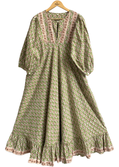 Olive Green Floral Block Print Cotton Maxi Dress – Indian Boho Long Dress