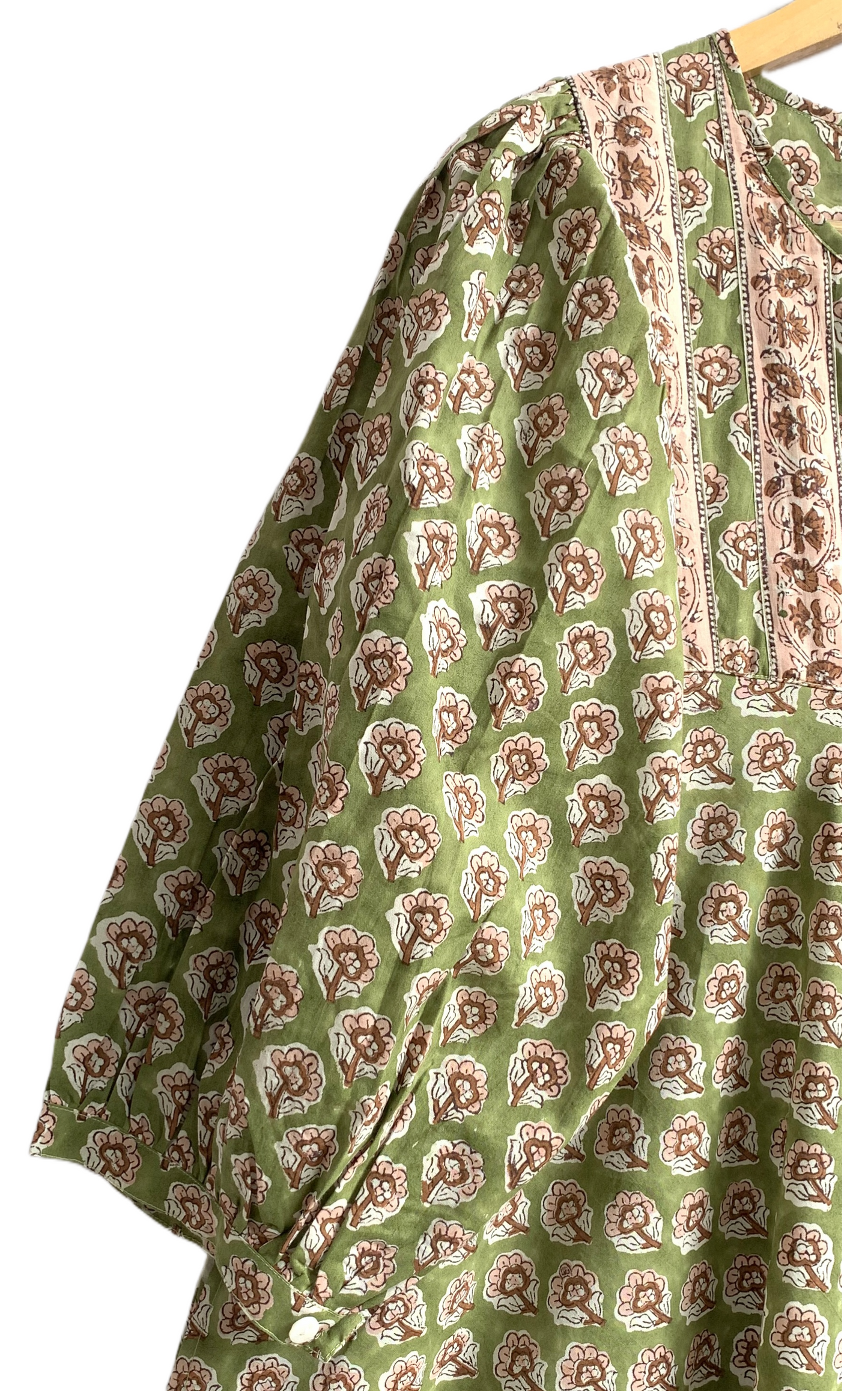 Olive Green Floral Block Print Cotton Maxi Dress – Indian Boho Long Dress