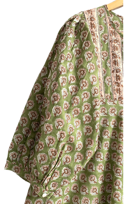 Olive Green Floral Block Print Cotton Maxi Dress – Indian Boho Long Dress
