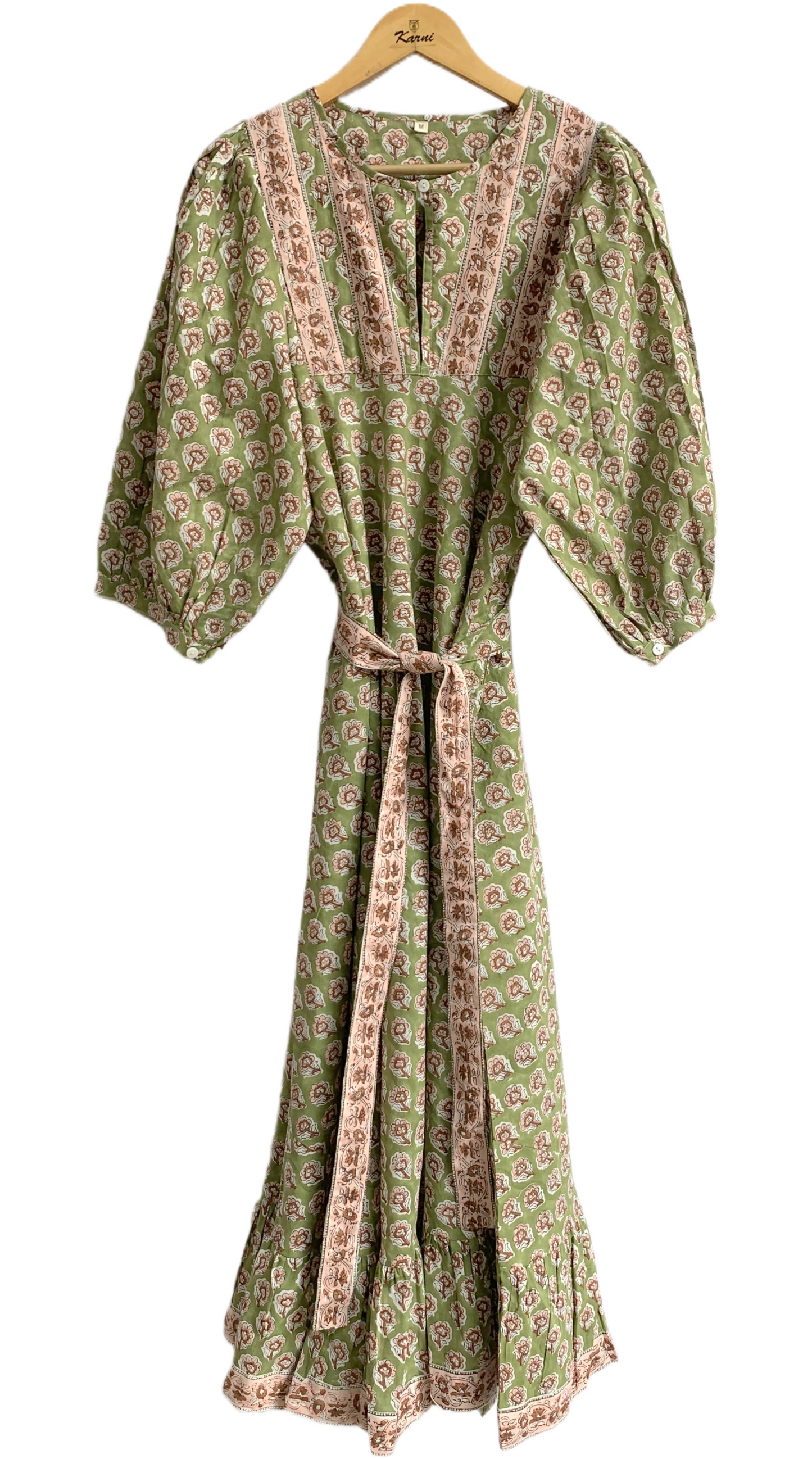 Olive Green Floral Block Print Cotton Maxi Dress – Indian Boho Long Dress