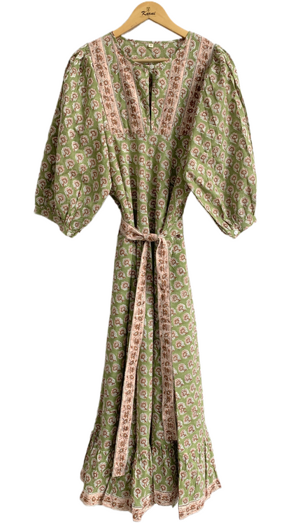 Olive Green Floral Block Print Cotton Maxi Dress – Indian Boho Long Dress