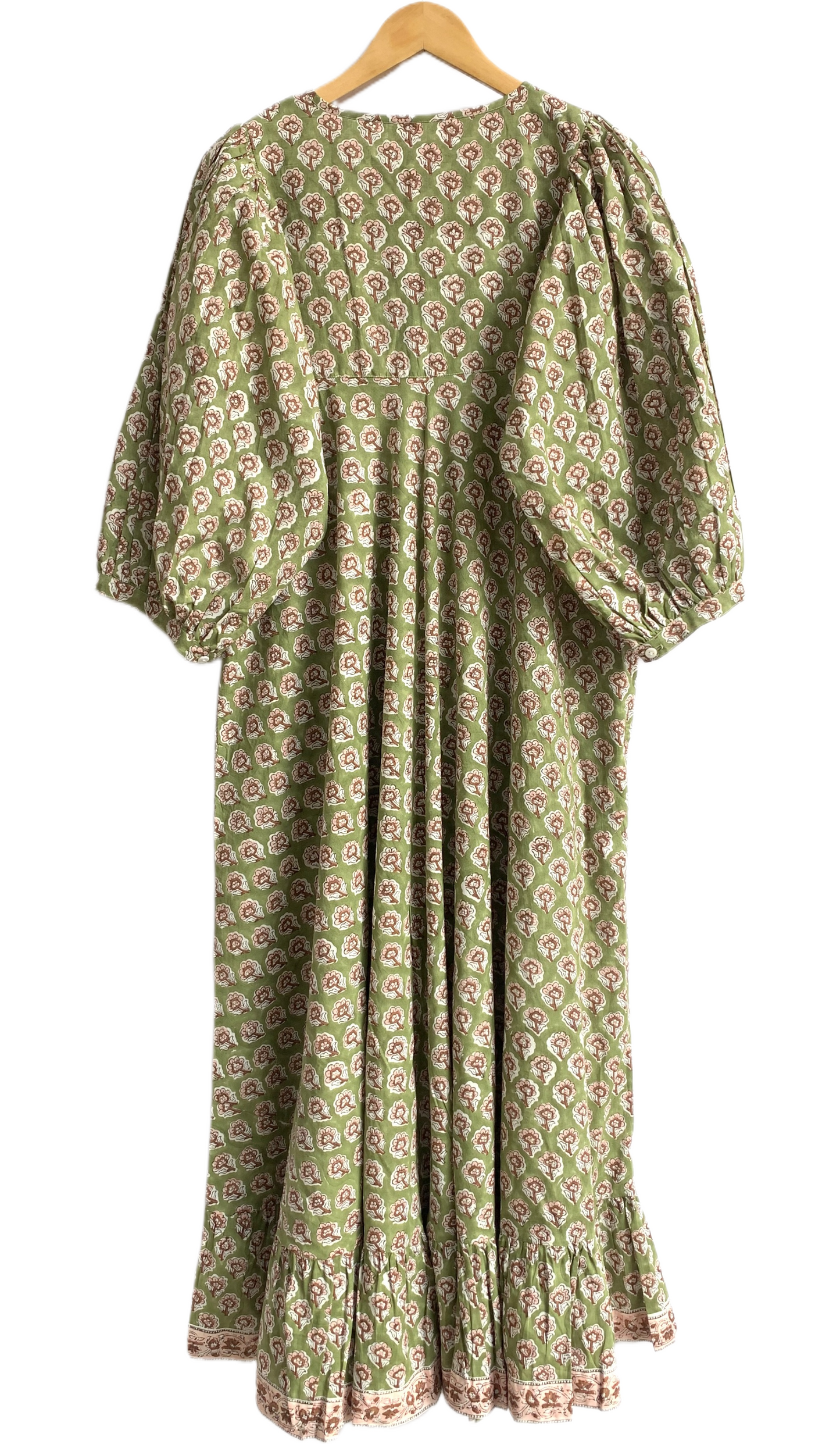 Olive Green Floral Block Print Cotton Maxi Dress – Indian Boho Long Dress