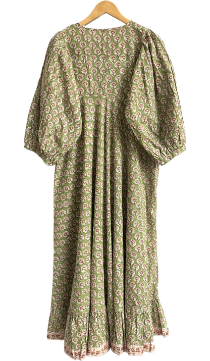 Olive Green Floral Block Print Cotton Maxi Dress – Indian Boho Long Dress