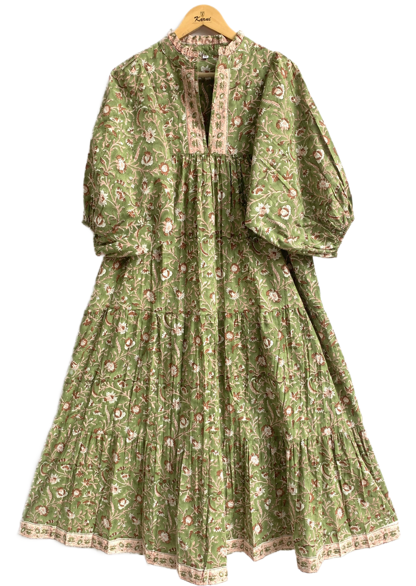 Olive Green Floral Block Print Cotton Maxi Dress – Indian Boho Long Dress