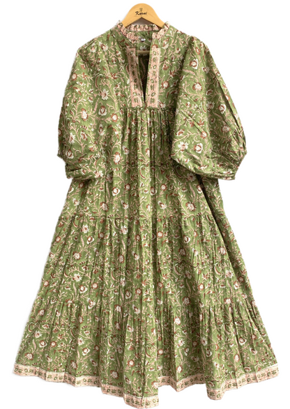 Olive Green Floral Block Print Cotton Maxi Dress – Indian Boho Long Dress