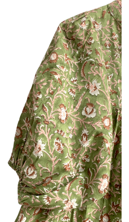 Olive Green Floral Block Print Cotton Maxi Dress – Indian Boho Long Dress