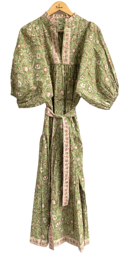 Olive Green Floral Block Print Cotton Maxi Dress – Indian Boho Long Dress