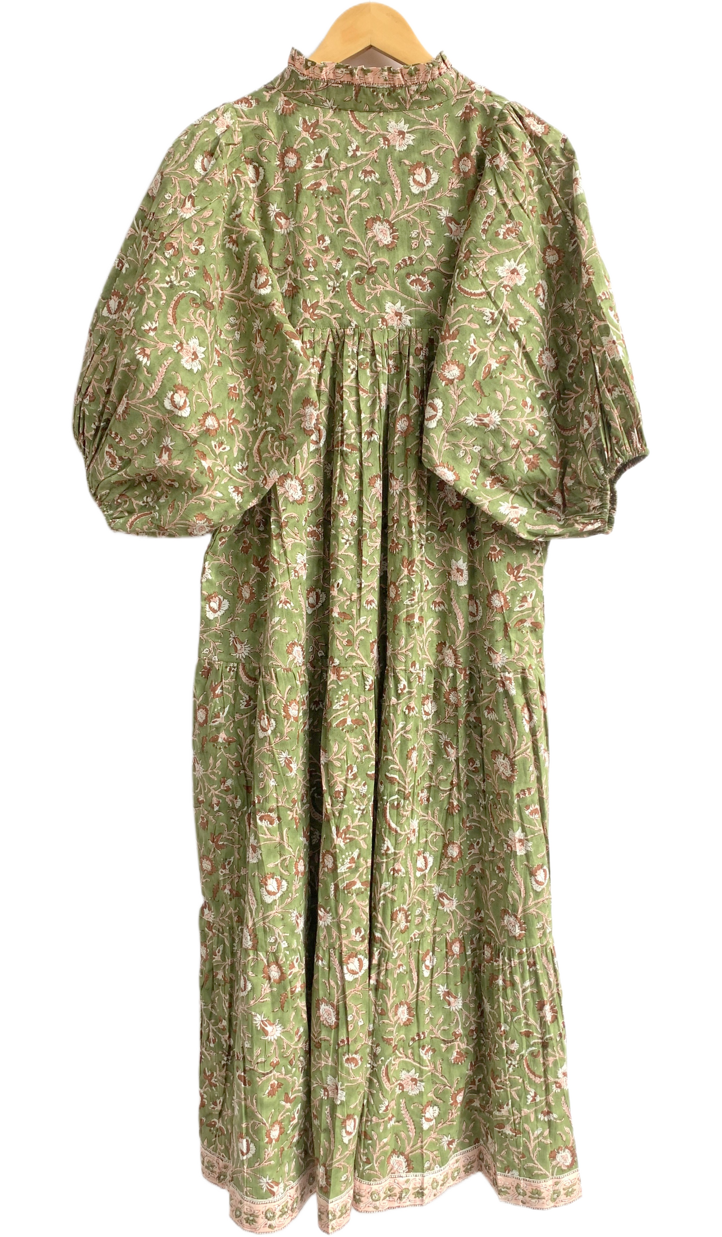 Olive Green Floral Block Print Cotton Maxi Dress – Indian Boho Long Dress
