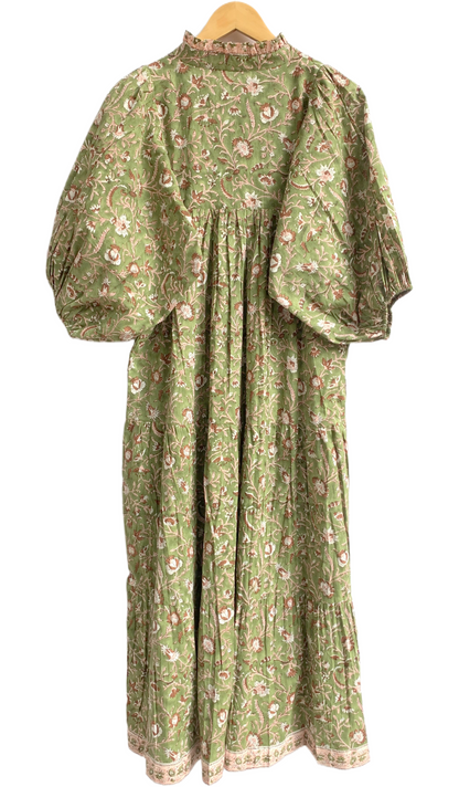 Olive Green Floral Block Print Cotton Maxi Dress – Indian Boho Long Dress