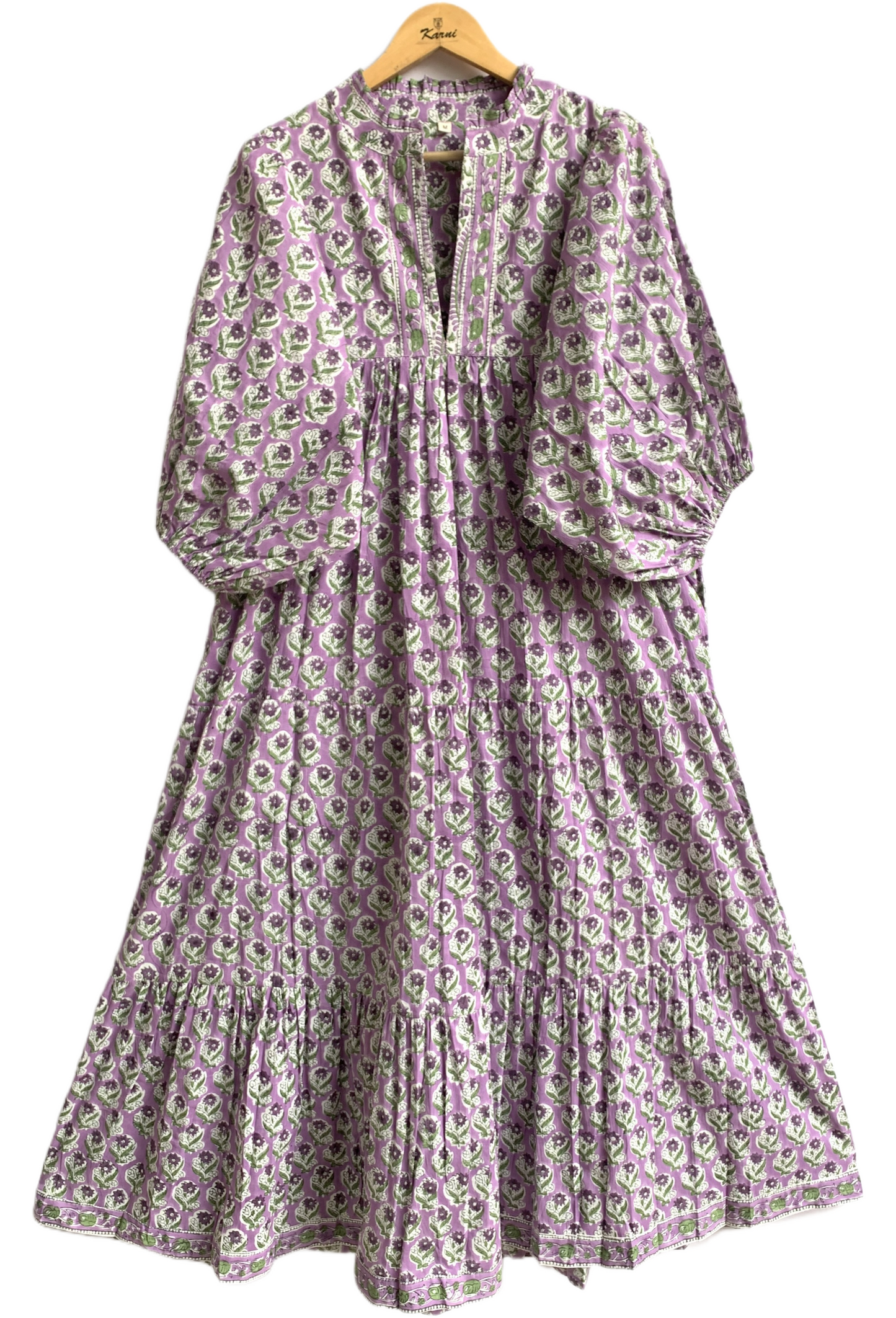 Lavender Green Floral Hand Block Printed Cotton Maxi Dress – Boho Tiered Indian Long Dress