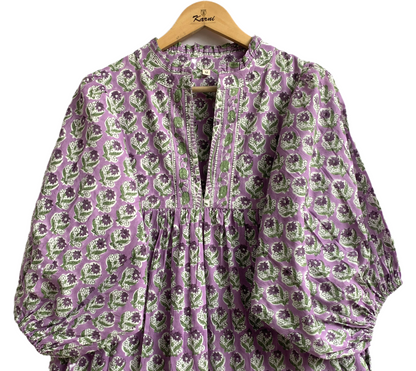 Lavender Green Floral Hand Block Printed Cotton Maxi Dress – Boho Tiered Indian Long Dress