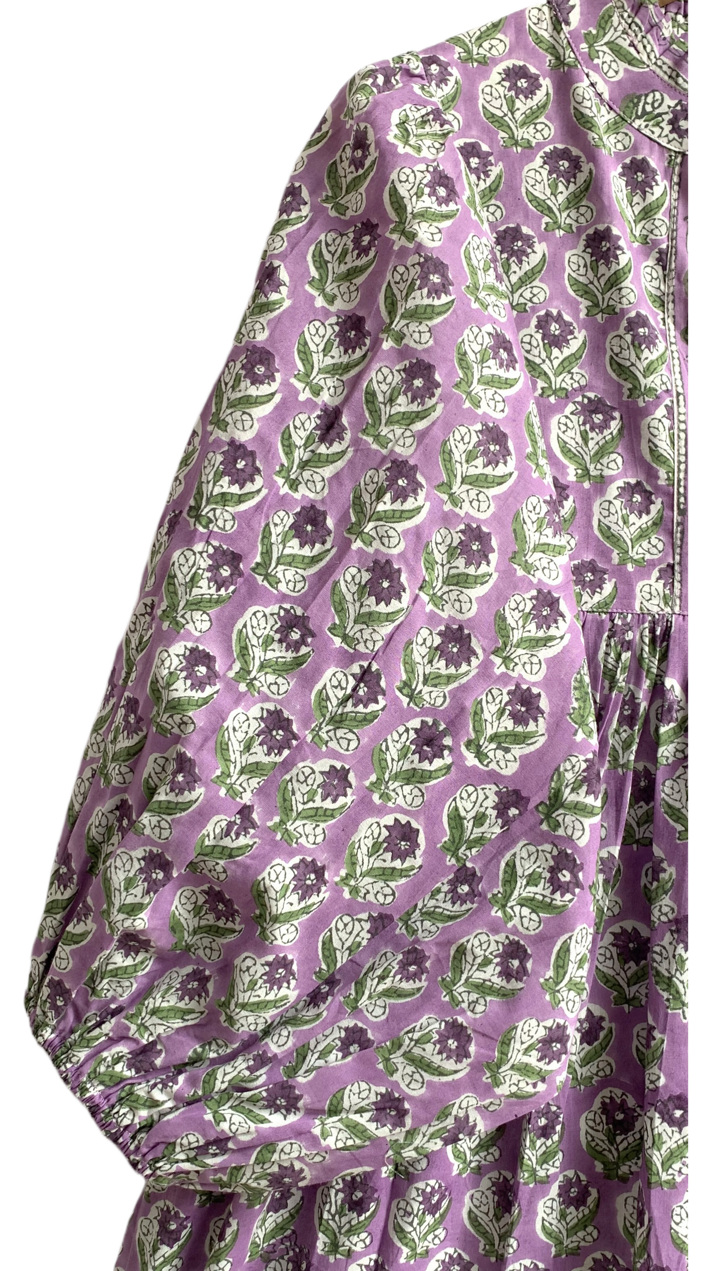 Lavender Green Floral Hand Block Printed Cotton Maxi Dress – Boho Tiered Indian Long Dress