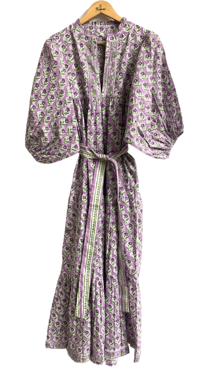 Lavender Green Floral Hand Block Printed Cotton Maxi Dress – Boho Tiered Indian Long Dress