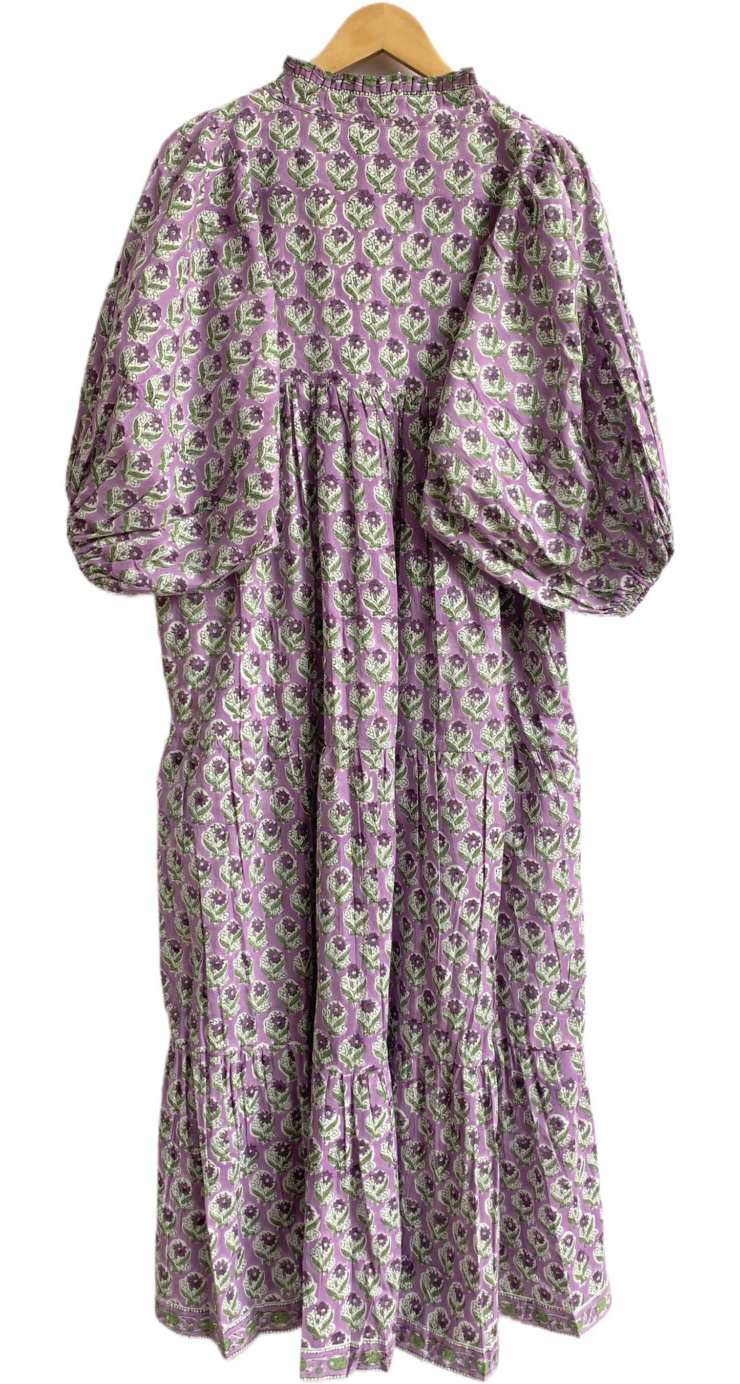 Lavender Green Floral Hand Block Printed Cotton Maxi Dress – Boho Tiered Indian Long Dress