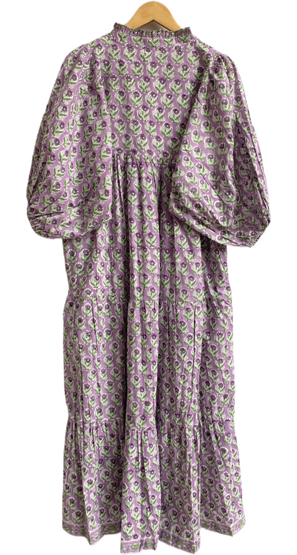 Lavender Green Floral Hand Block Printed Cotton Maxi Dress – Boho Tiered Indian Long Dress