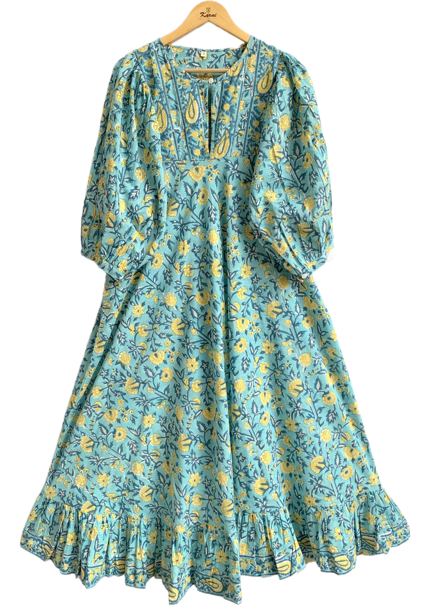 Aqua Blue Hand Block Printed Cotton Maxi Dress – Indian Boho Tiered Dress
