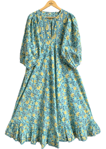 Aqua Blue Hand Block Printed Cotton Maxi Dress – Indian Boho Tiered Dress