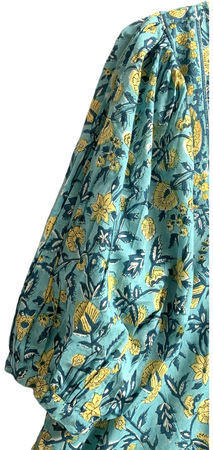 Aqua Blue Hand Block Printed Cotton Maxi Dress – Indian Boho Tiered Dress