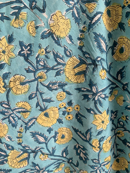 Aqua Blue Hand Block Printed Cotton Maxi Dress – Indian Boho Tiered Dress
