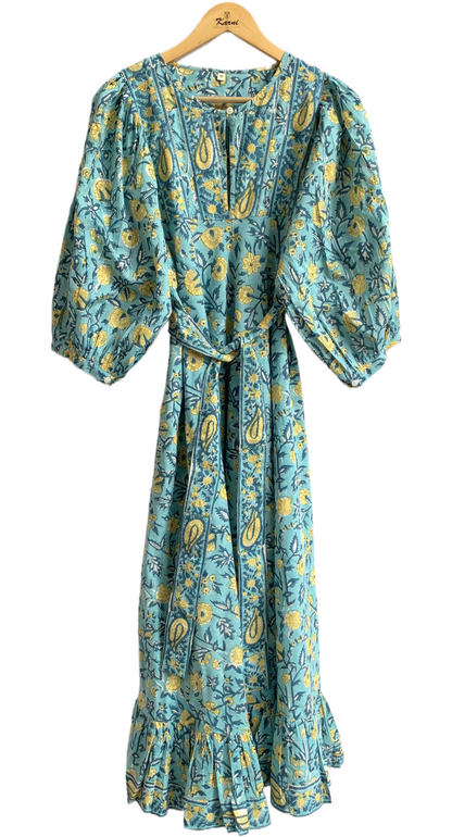 Aqua Blue Hand Block Printed Cotton Maxi Dress – Indian Boho Tiered Dress