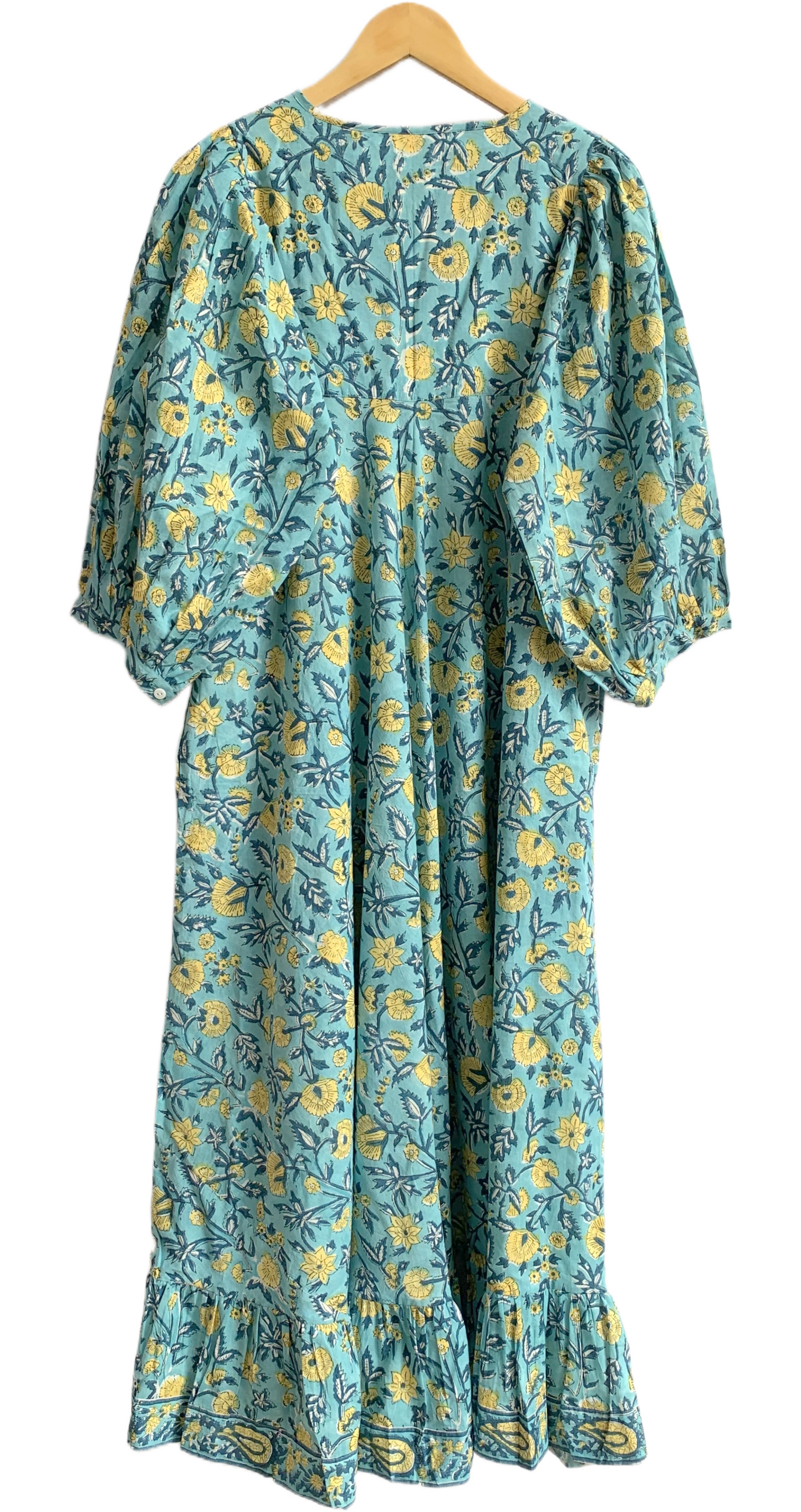 Aqua Blue Hand Block Printed Cotton Maxi Dress – Indian Boho Tiered Dress
